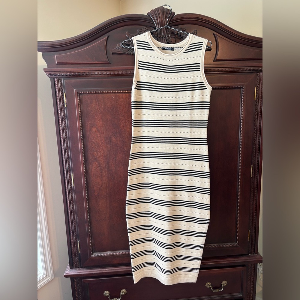NWT BTFBM Maxi Dress with Slit, Cream Colored with Black Stripes size small
